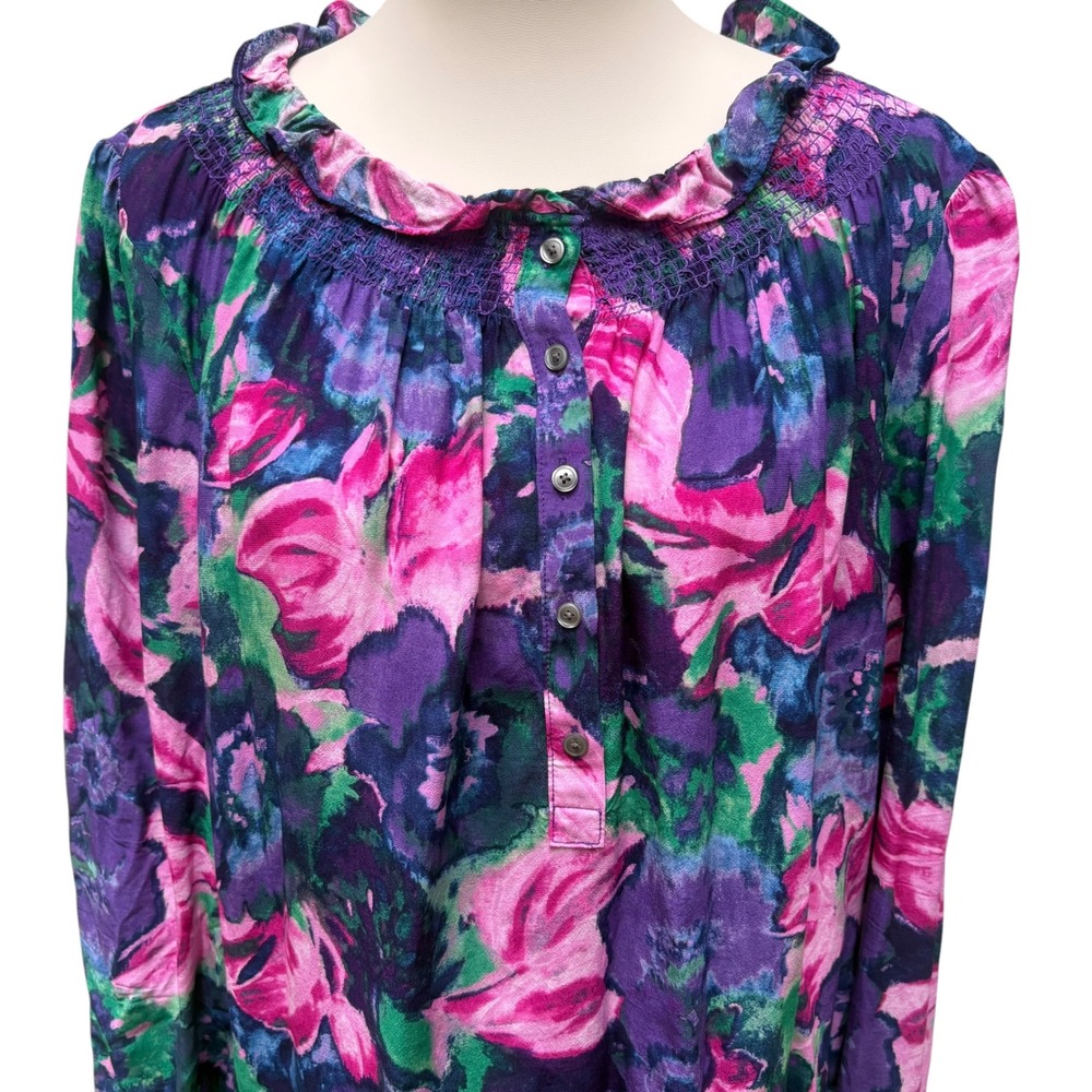 Talbots Floral Blouse XL Purple Pink Smocked Ruffle Neck Watercolor Garden Party - Picture 5 of 9